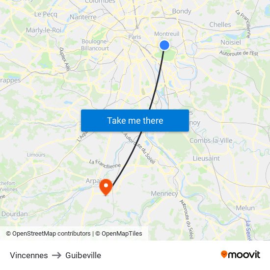 Vincennes to Guibeville map