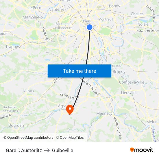 Gare D'Austerlitz to Guibeville map