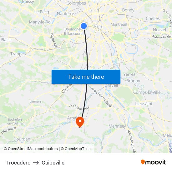 Trocadéro to Guibeville map