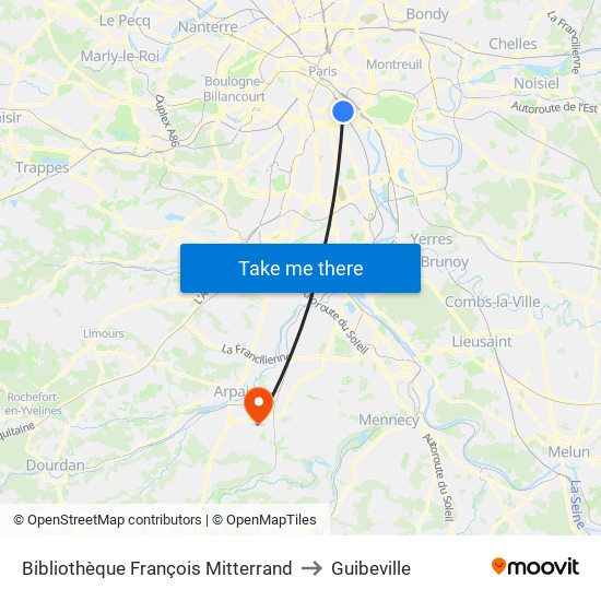 Bibliothèque François Mitterrand to Guibeville map