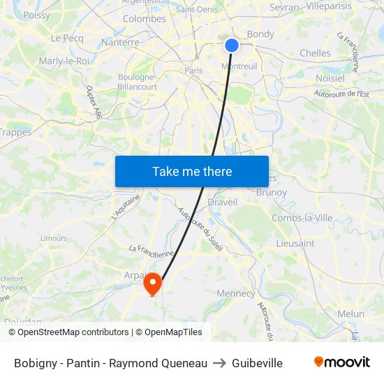 Bobigny - Pantin - Raymond Queneau to Guibeville map