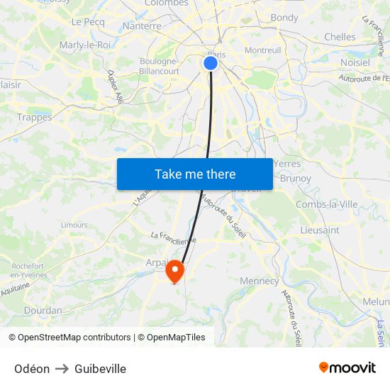 Odéon to Guibeville map