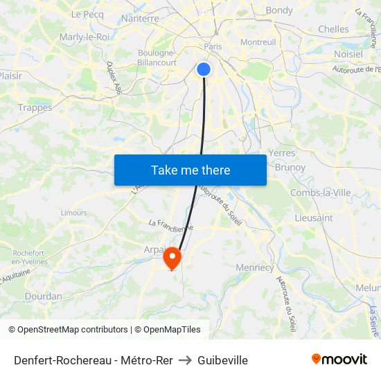 Denfert-Rochereau - Métro-Rer to Guibeville map