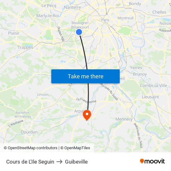 Cours de L'Ile Seguin to Guibeville map