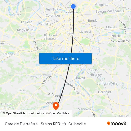 Gare de Pierrefitte - Stains RER to Guibeville map