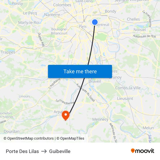 Porte Des Lilas to Guibeville map