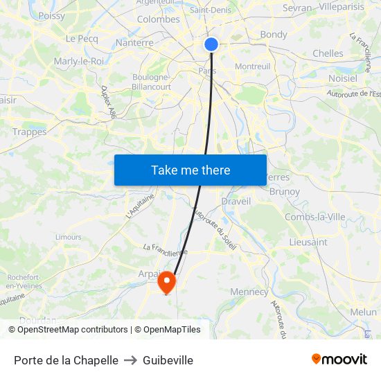 Porte de la Chapelle to Guibeville map