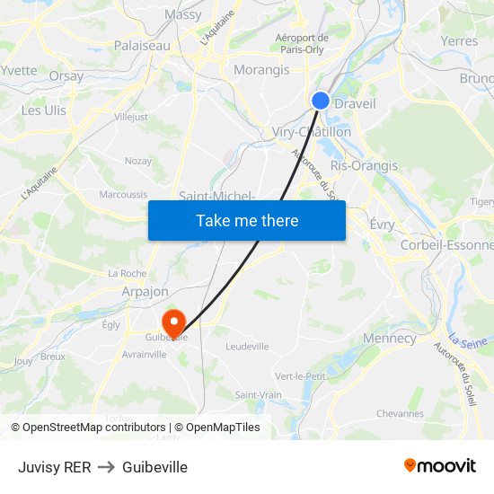 Juvisy RER to Guibeville map