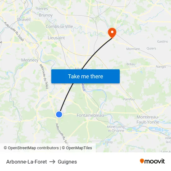 Arbonne-La-Foret to Guignes map