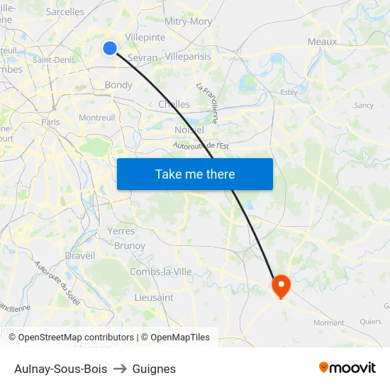Aulnay-Sous-Bois to Guignes map