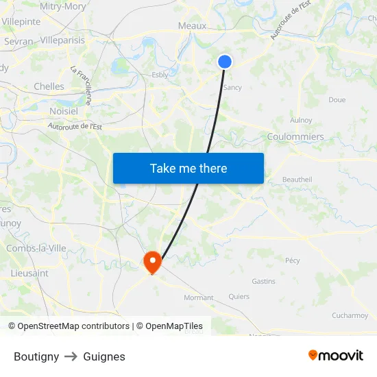 Boutigny to Guignes map
