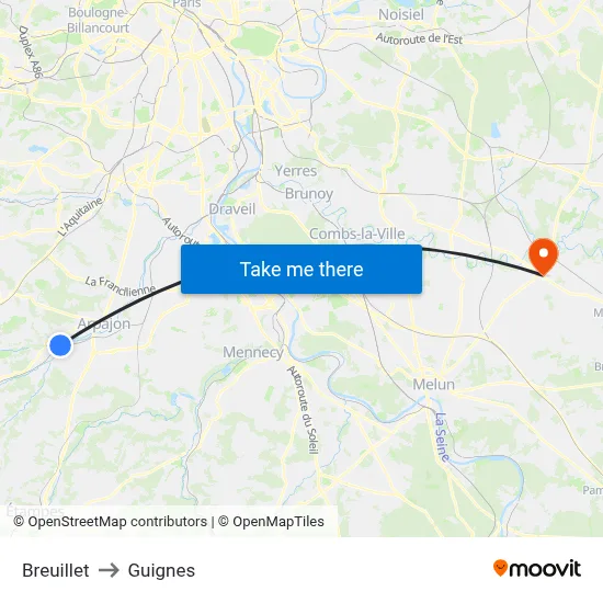 Breuillet to Guignes map