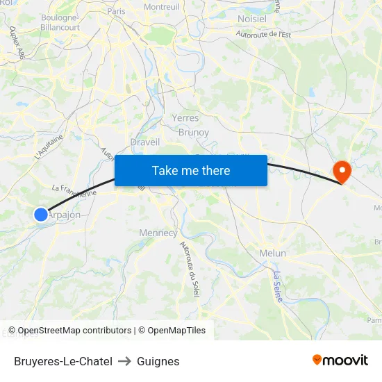 Bruyeres-Le-Chatel to Guignes map