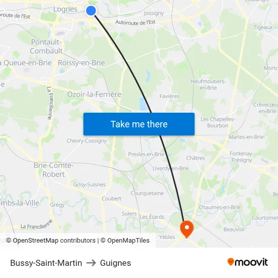 Bussy-Saint-Martin to Guignes map