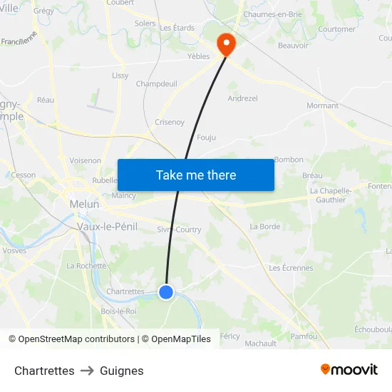 Chartrettes to Guignes map