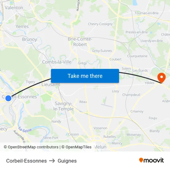Corbeil-Essonnes to Guignes map