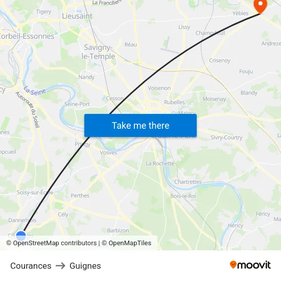 Courances to Guignes map