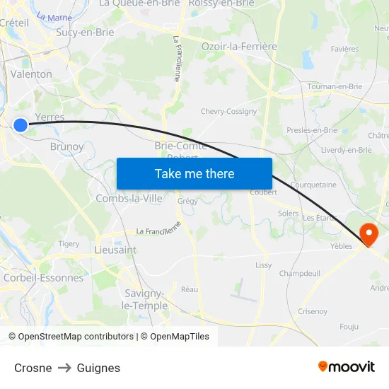 Crosne to Guignes map
