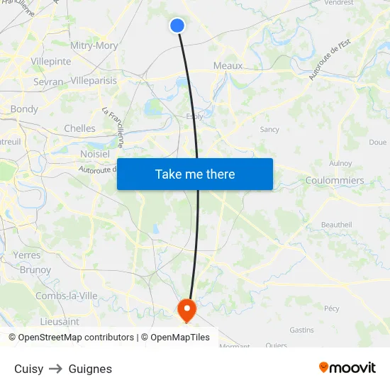 Cuisy to Guignes map