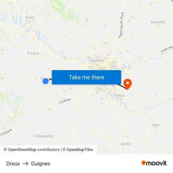 Dreux to Guignes map