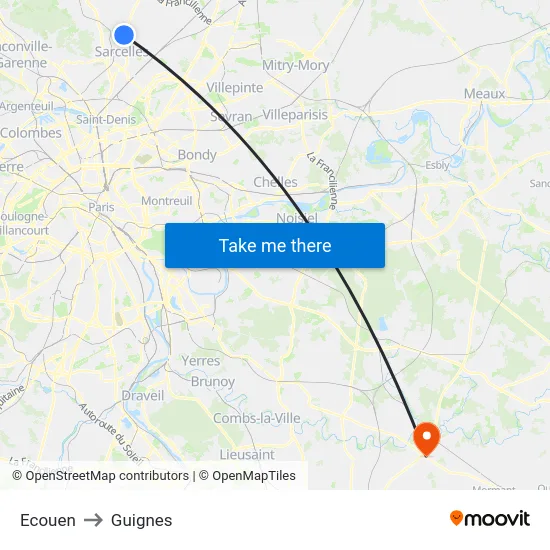 Ecouen to Guignes map