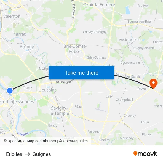 Etiolles to Guignes map