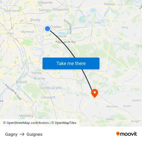 Gagny to Guignes map