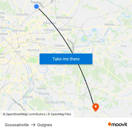 Goussainville to Guignes map
