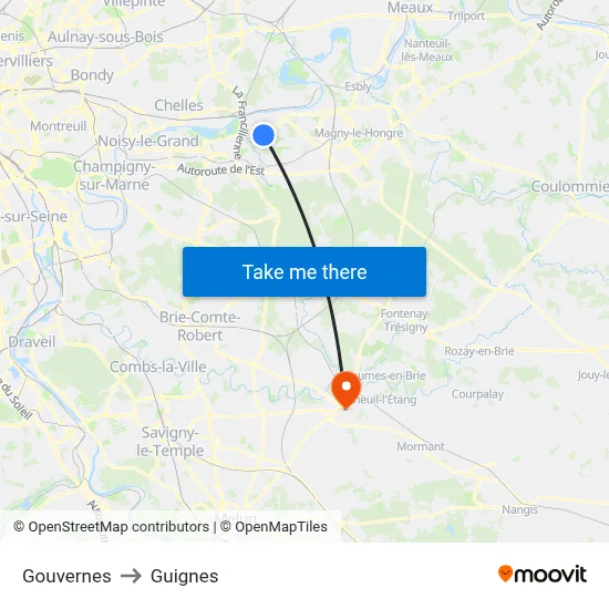 Gouvernes to Guignes map