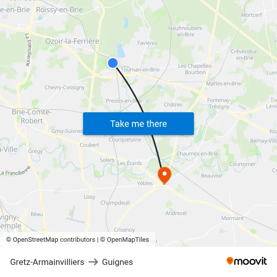 Gretz-Armainvilliers to Guignes map