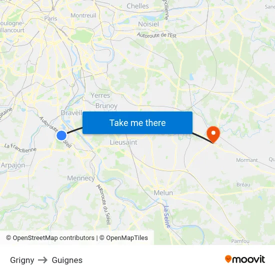 Grigny to Guignes map