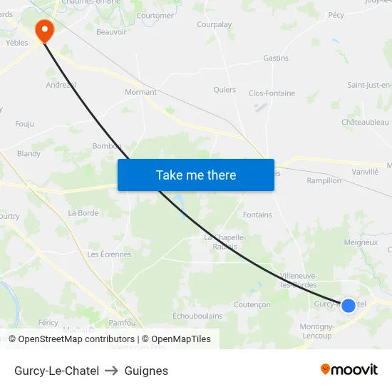 Gurcy-Le-Chatel to Guignes map