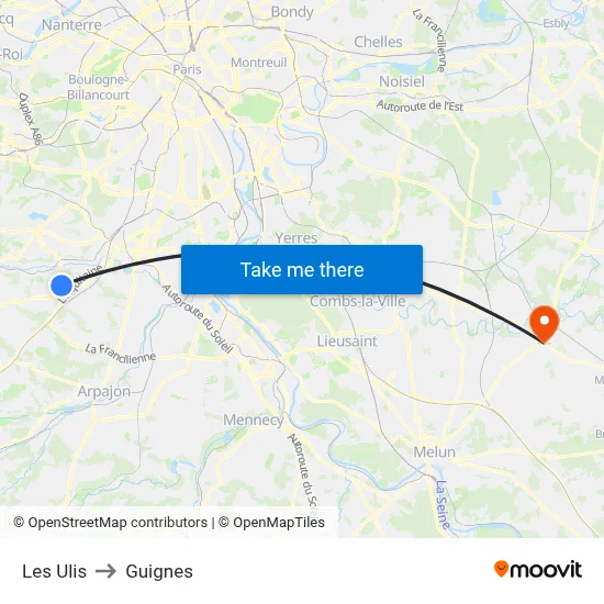 Les Ulis to Guignes map