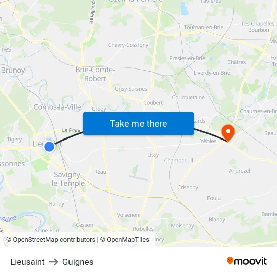 Lieusaint to Guignes map