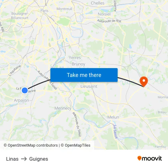 Linas to Guignes map