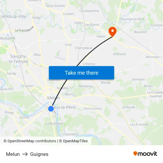 Melun to Guignes map