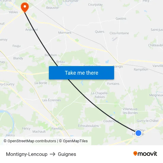 Montigny-Lencoup to Guignes map