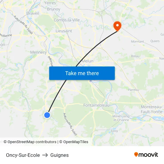 Oncy-Sur-Ecole to Guignes map