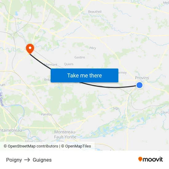 Poigny to Guignes map