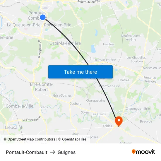 Pontault-Combault to Guignes map