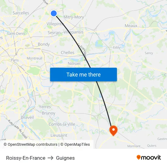 Roissy-En-France to Guignes map