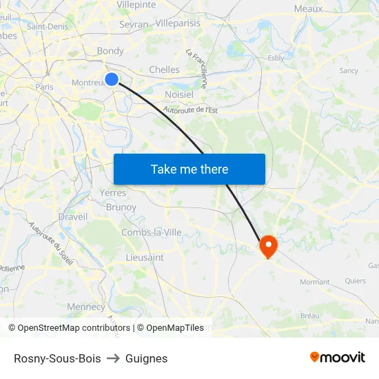 Rosny-Sous-Bois to Guignes map