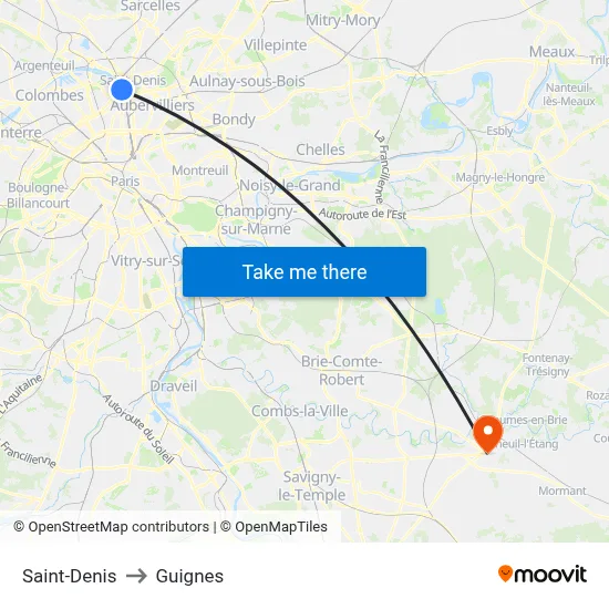 Saint-Denis to Guignes map