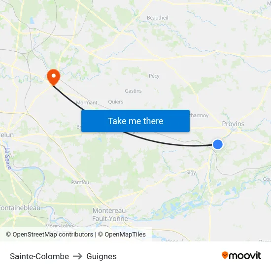 Sainte-Colombe to Guignes map