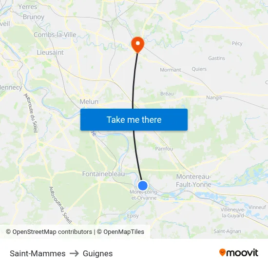 Saint-Mammes to Guignes map