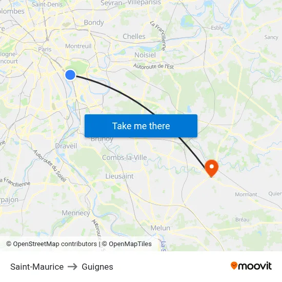Saint-Maurice to Guignes map