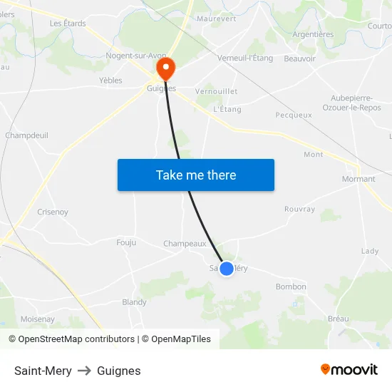 Saint-Mery to Guignes map