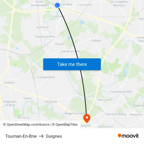 Tournan-En-Brie to Guignes map