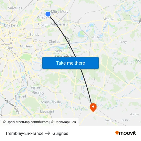 Tremblay-En-France to Guignes map