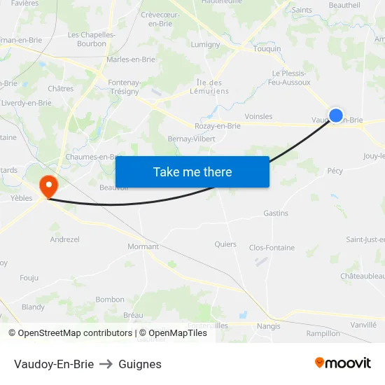 Vaudoy-En-Brie to Guignes map